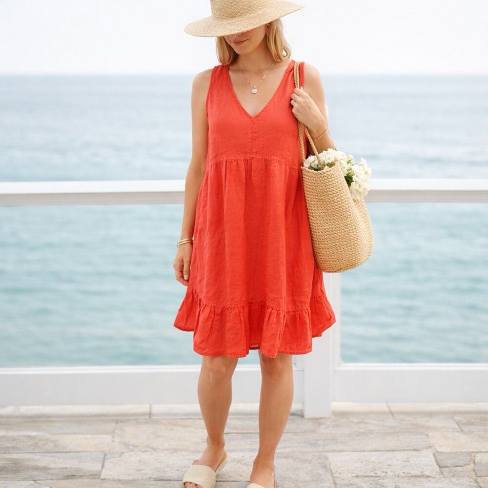 CYNTHIA ROWLEY 100% Linen Dress Womens Coral Small Resort Coastal Grandma Boho - Picture 3 of 12